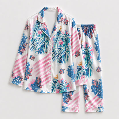 PJ-209-Unisex Satin Pajamas with American Flag Statue of Liberty Print Button Front Sleepwear Set FREE SHIPING