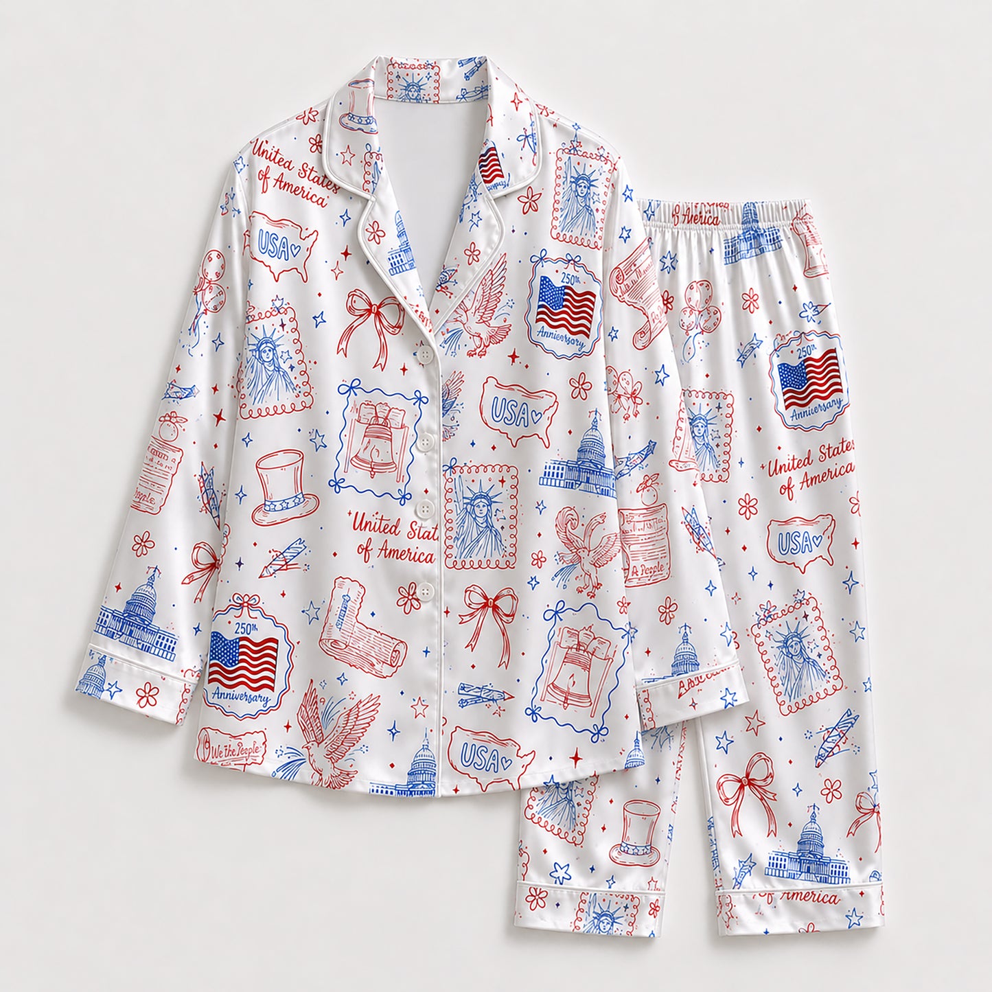 PJ-210-Unisex Satin Pajama Set with USA Patriotic Doodle Print Button Down Sleepwear Shirt and Pants FREE SHIPING