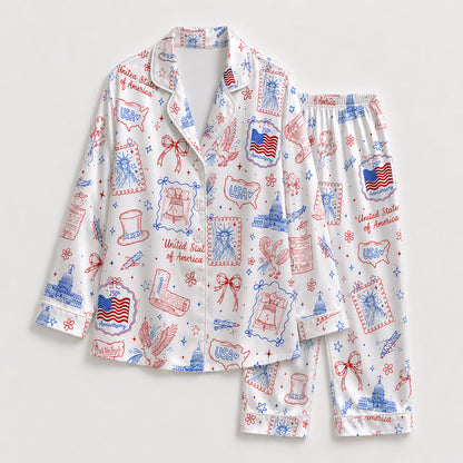 PJ-210-Unisex Satin Pajama Set with USA Patriotic Doodle Print Button Down Sleepwear Shirt and Pants FREE SHIPING
