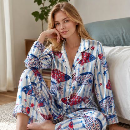 PJ-211-Unisex White Blue Satin Pajama Set with Patriotic Fish Pattern Button Down Sleepwear FREE SHIPING