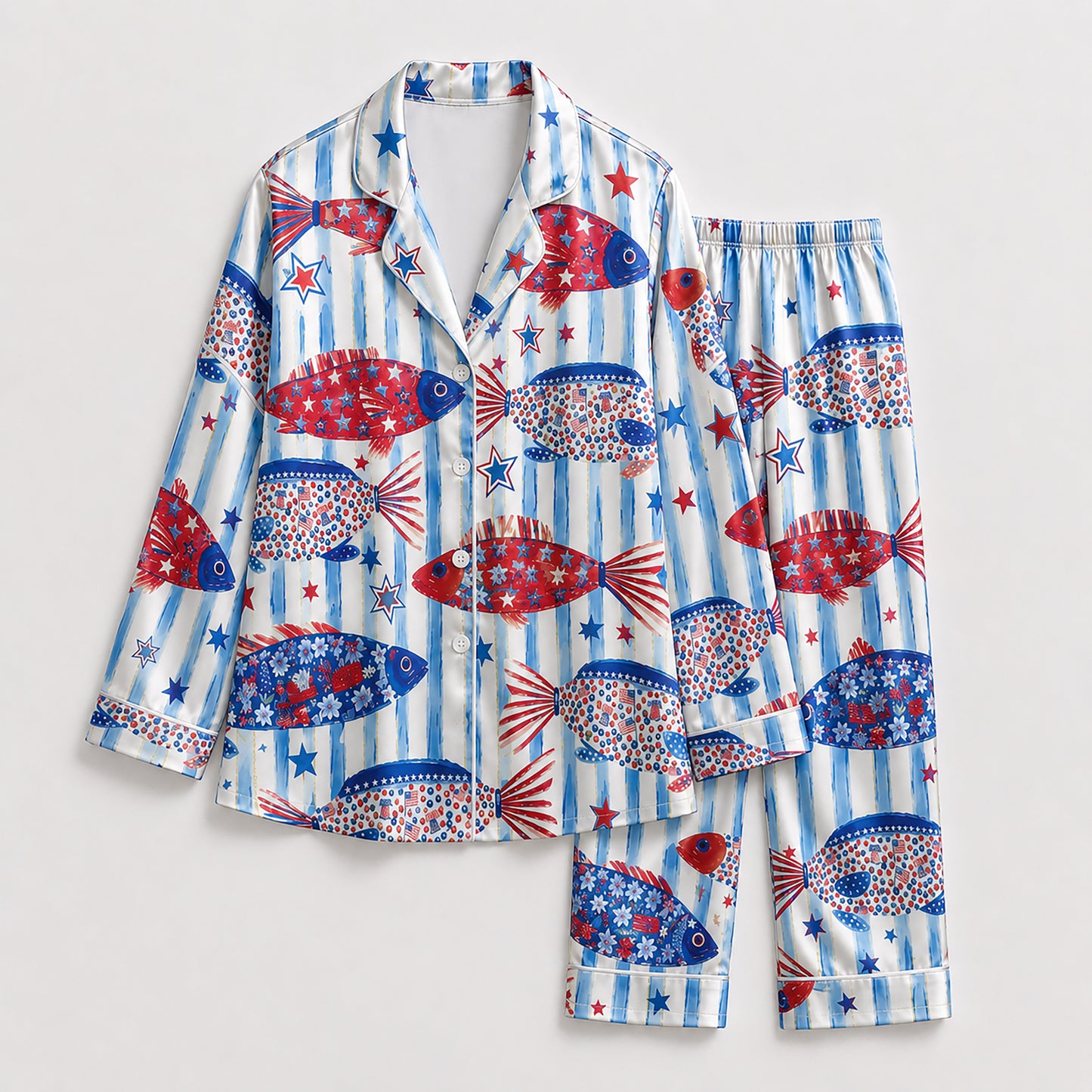 PJ-211-Unisex White Blue Satin Pajama Set with Patriotic Fish Pattern Button Down Sleepwear FREE SHIPING