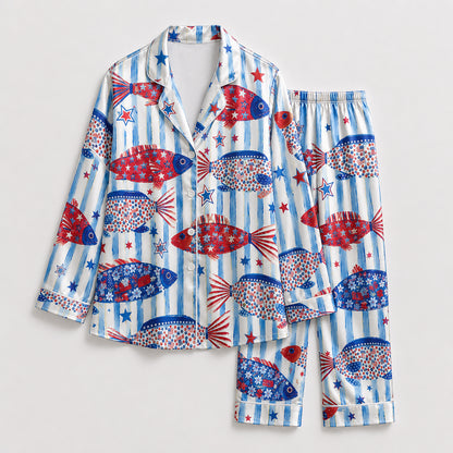 PJ-211-Unisex White Blue Satin Pajama Set with Patriotic Fish Pattern Button Down Sleepwear FREE SHIPING