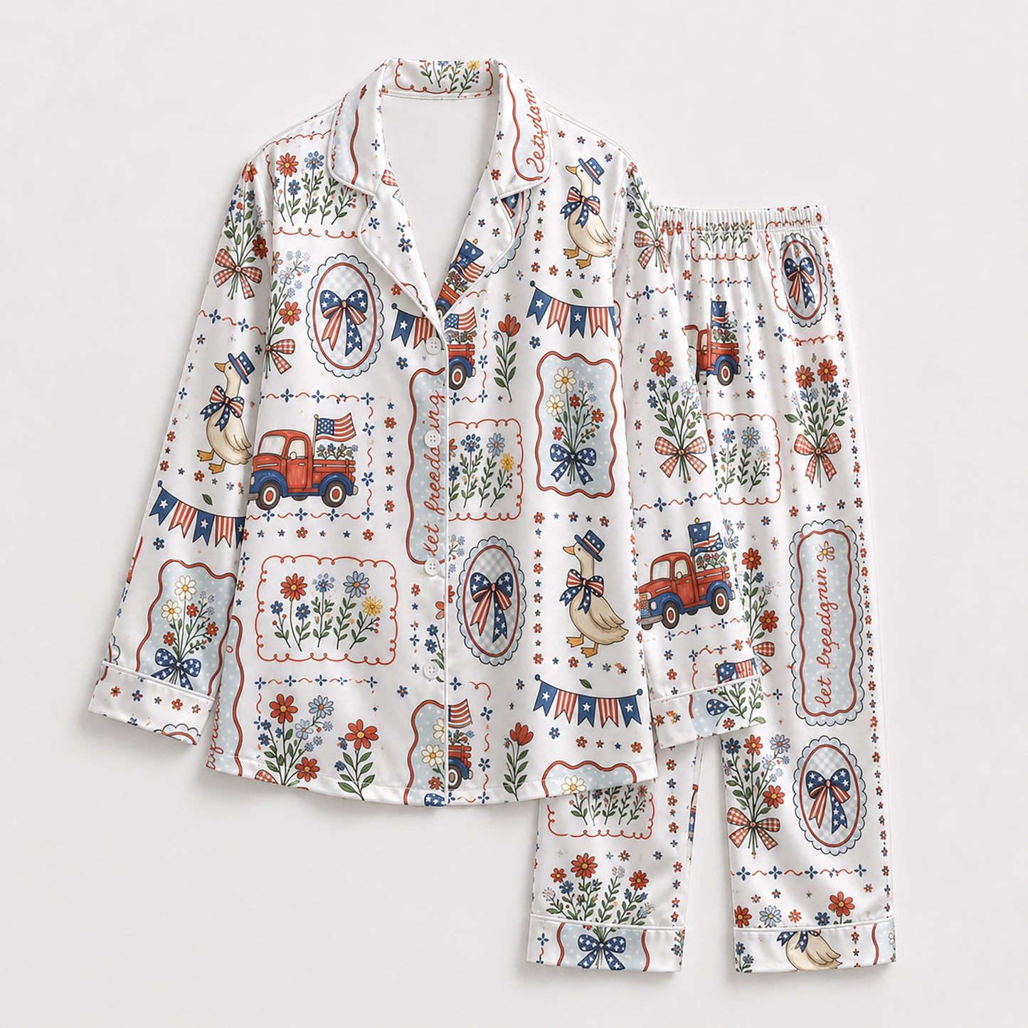 PJ-212-Unisex Satin Pajama Set with Patriotic Goose Truck Floral Print Button Down Sleepwear Shirt and Pants FREE SHIPING