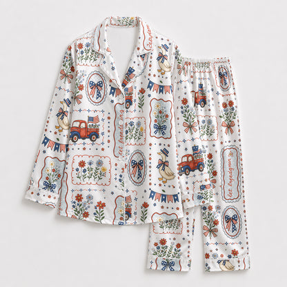 PJ-212-Unisex Satin Pajama Set with Patriotic Goose Truck Floral Print Button Down Sleepwear Shirt and Pants FREE SHIPING
