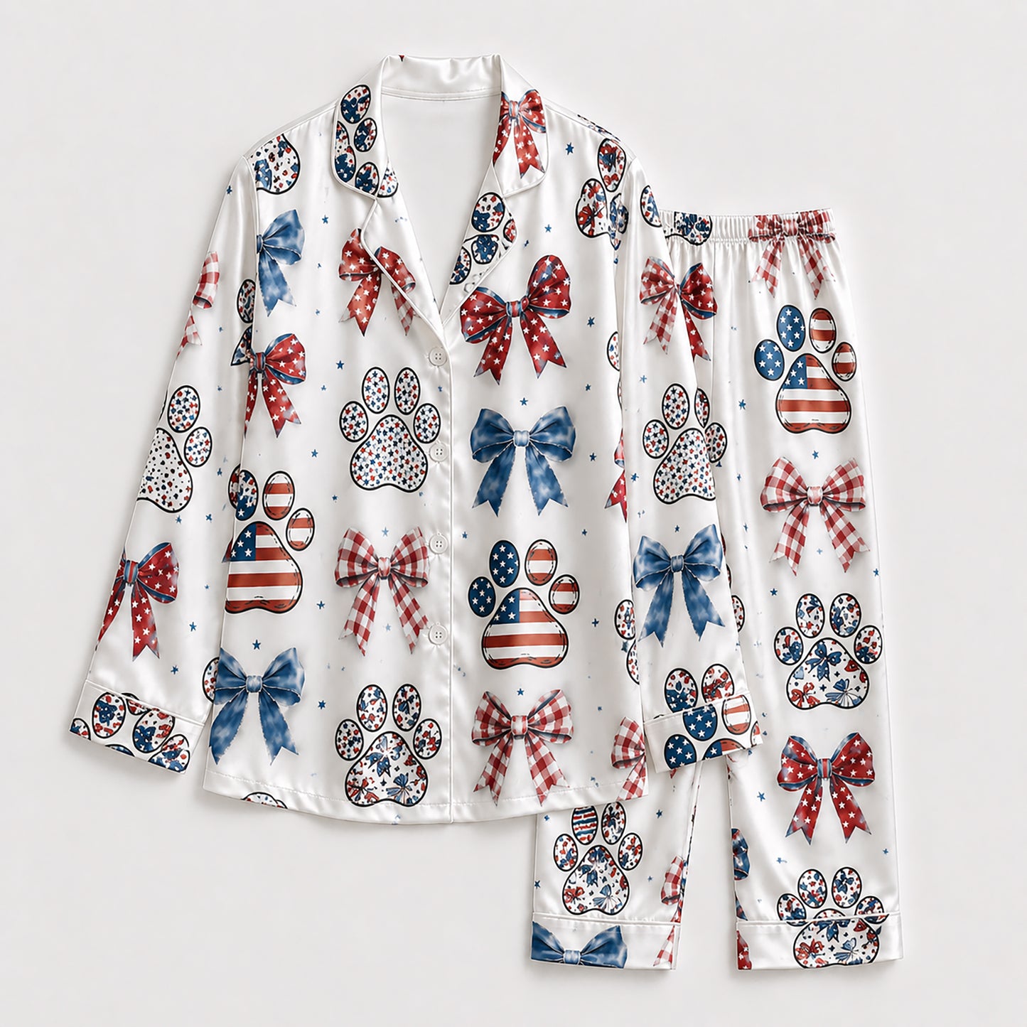 PJ-213-Unisex Satin Pajama Set with Patriotic Paw Bow Print Button Down Sleepwear Shirt and Pants FREE SHIPING