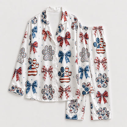 PJ-213-Unisex Satin Pajama Set with Patriotic Paw Bow Print Button Down Sleepwear Shirt and Pants FREE SHIPING