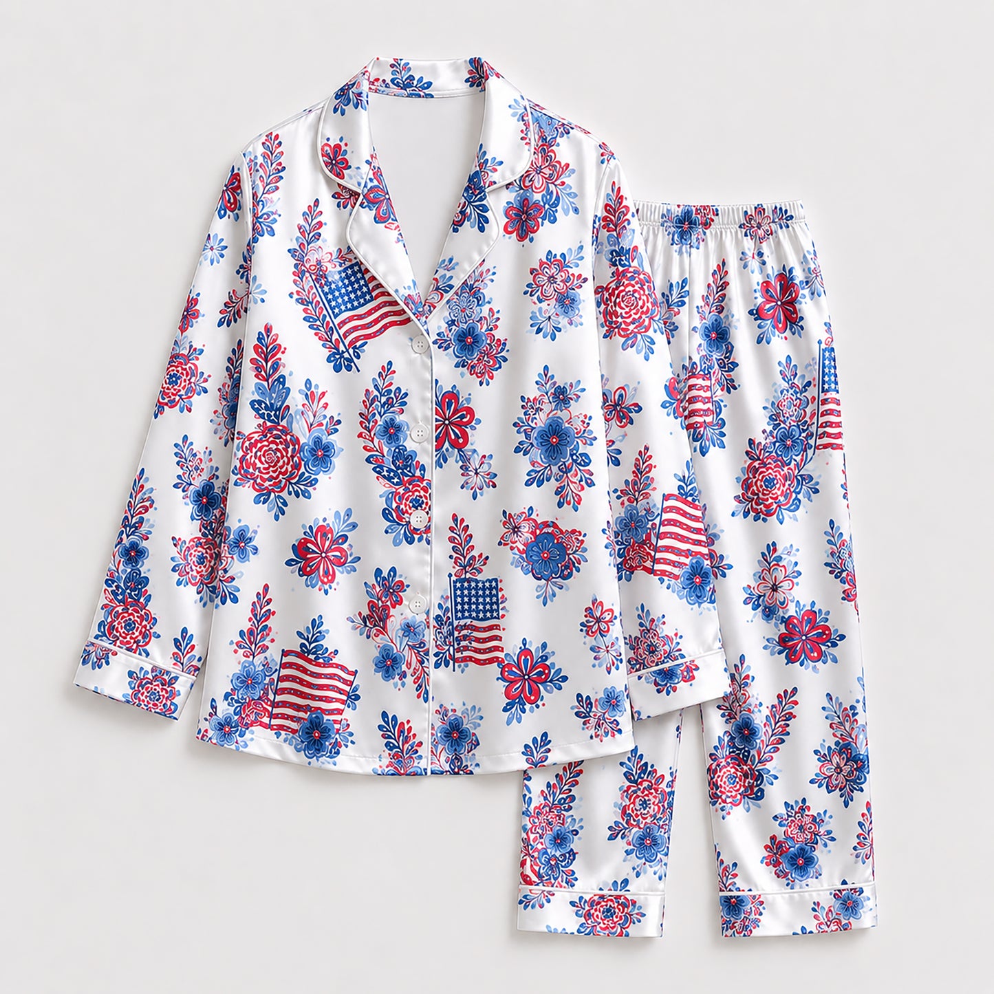 PJ-220-Unisex Satin Pajama Set with Patriotic Floral Flag Print Button Down Sleepwear Shirt and Pants FREE SHIPING