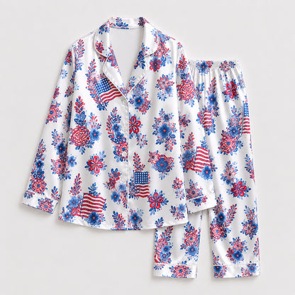 PJ-220-Unisex Satin Pajama Set with Patriotic Floral Flag Print Button Down Sleepwear Shirt and Pants FREE SHIPING