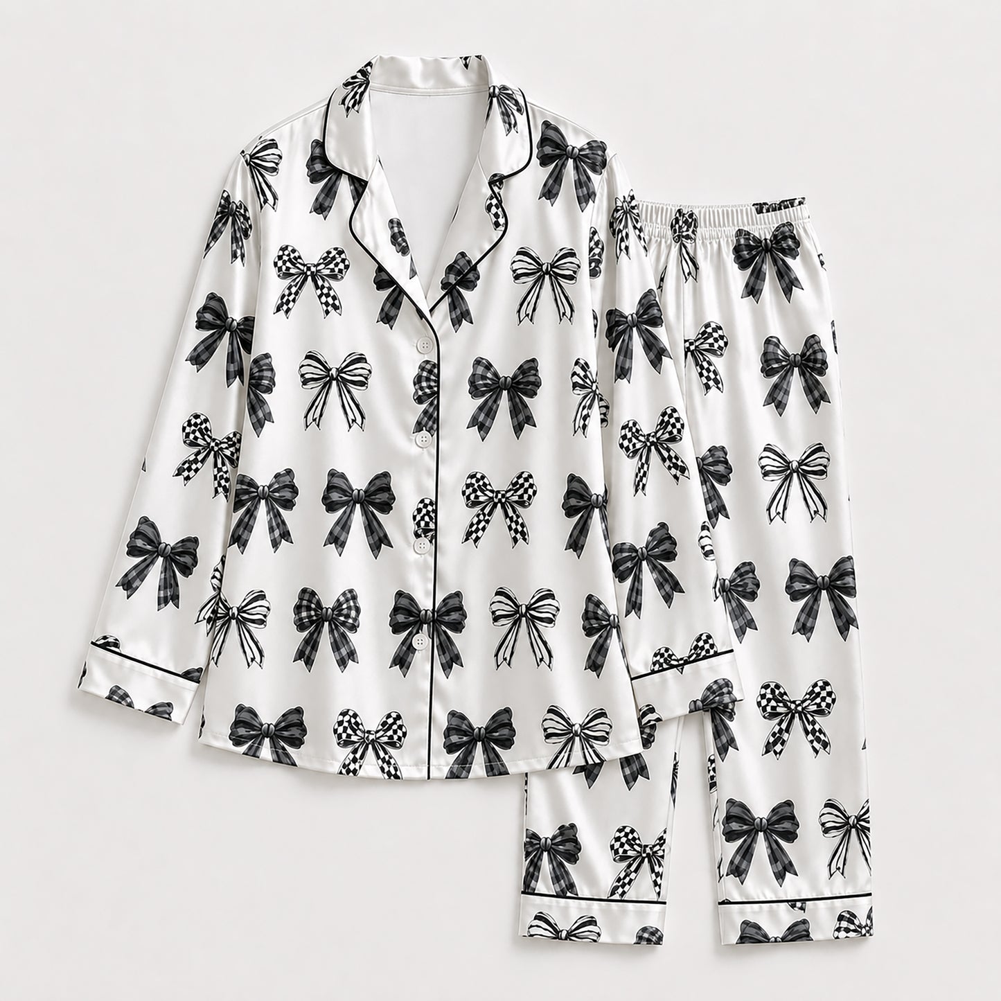 PJ-221-Coquette Style Monochromatic Ribbon Print Button-Down Silky Sleepwear Set FREE SHIPING