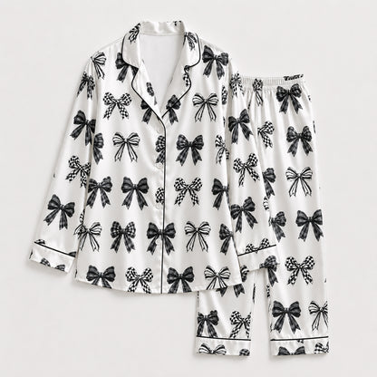 PJ-221-Coquette Style Monochromatic Ribbon Print Button-Down Silky Sleepwear Set FREE SHIPING