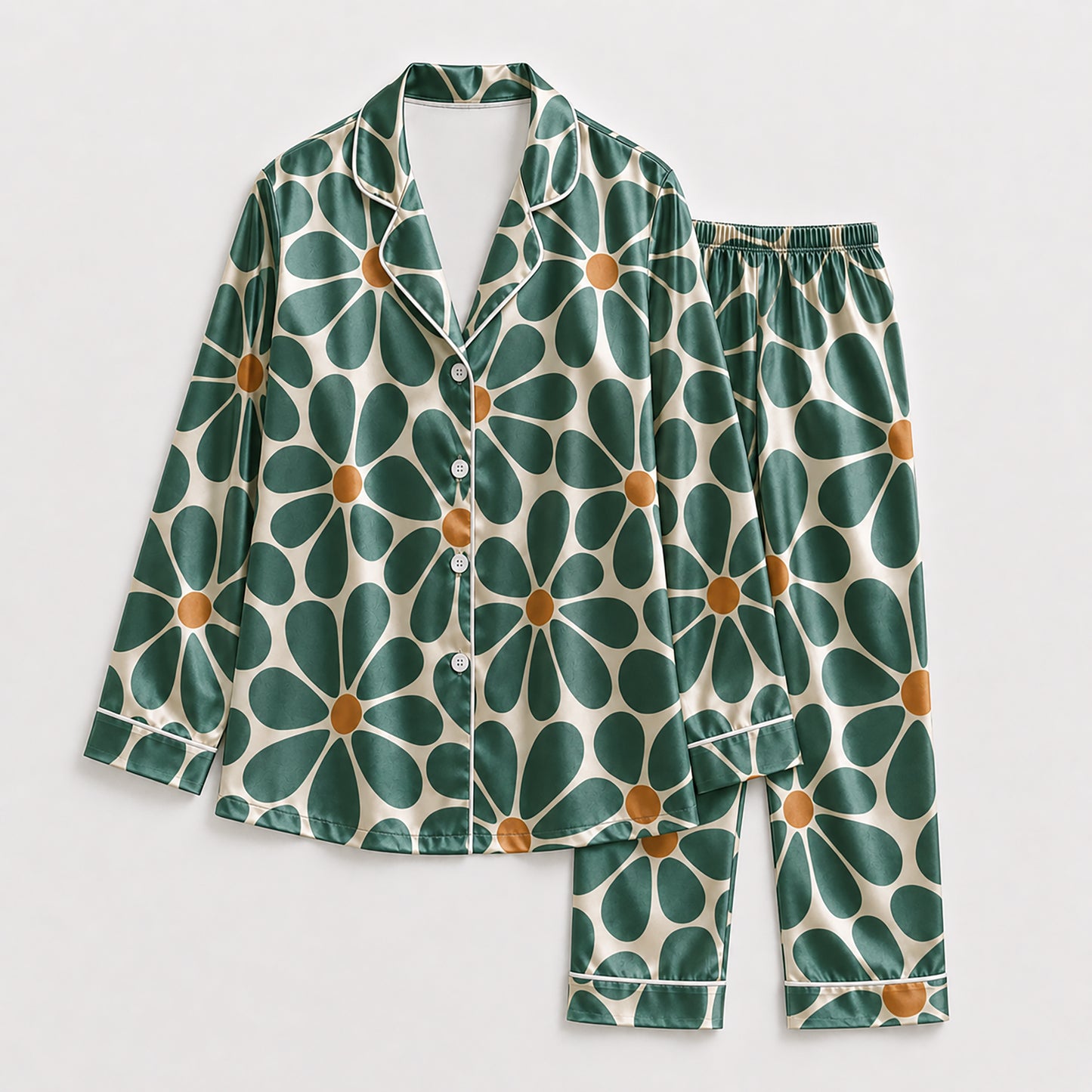 PJ-222-Emerald Daisy Satin Pajama Set With Button Up Top And Soft Matching Sleepwear Bottoms FREE SHIPING