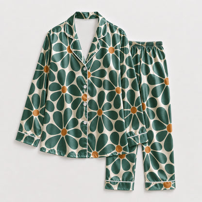 PJ-222-Emerald Daisy Satin Pajama Set With Button Up Top And Soft Matching Sleepwear Bottoms FREE SHIPING
