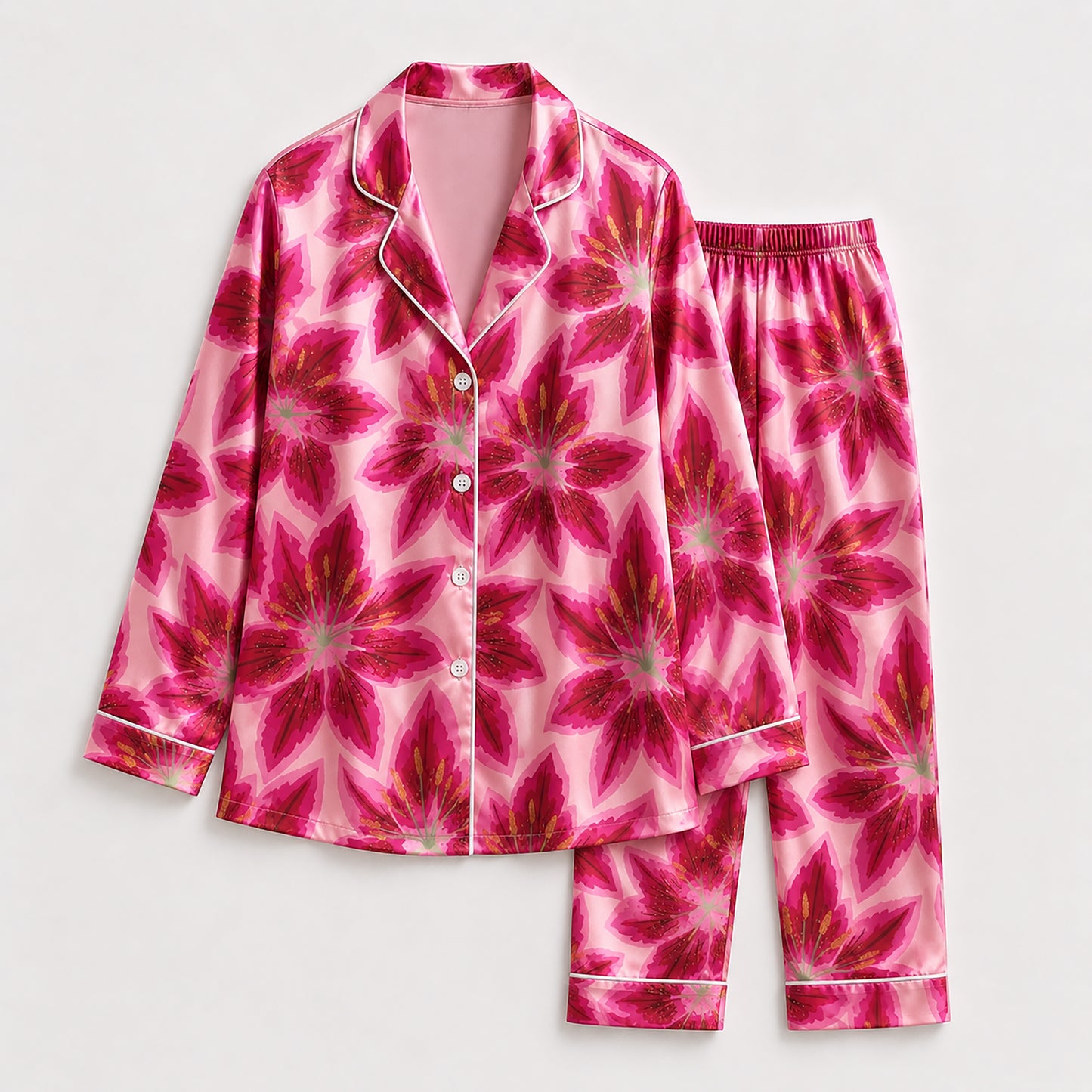 PJ-223-Lily Pure Mulberry Silk Pajama Set, Pink Floral Blossom Print Botanical Loungewear Sleepwear Collection FREE SHIPING