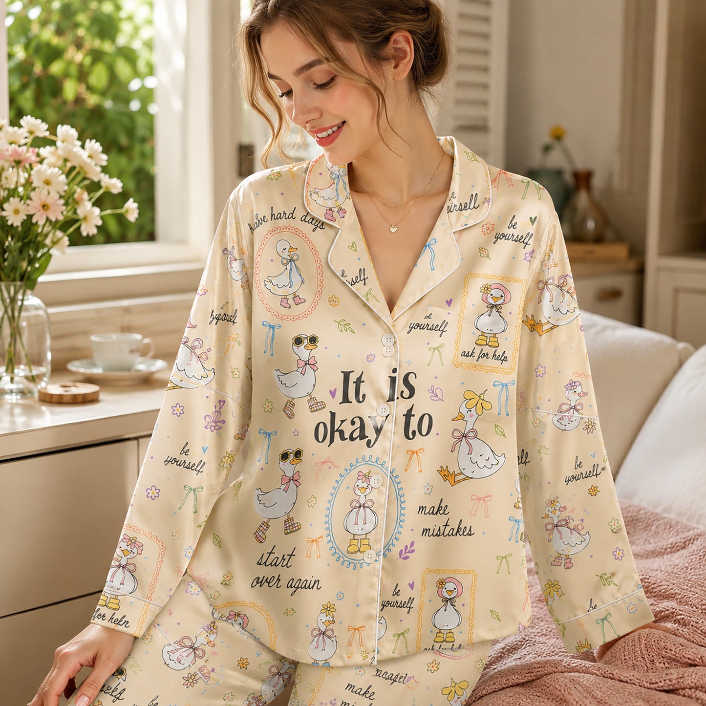 PJ-224-Motivational Goose Satin Pajama Set With Button Up Shirt And Elastic Waist Matching Bottoms FREE SHIPING