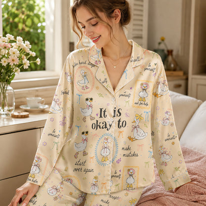 PJ-224-Motivational Goose Satin Pajama Set With Button Up Shirt And Elastic Waist Matching Bottoms FREE SHIPING