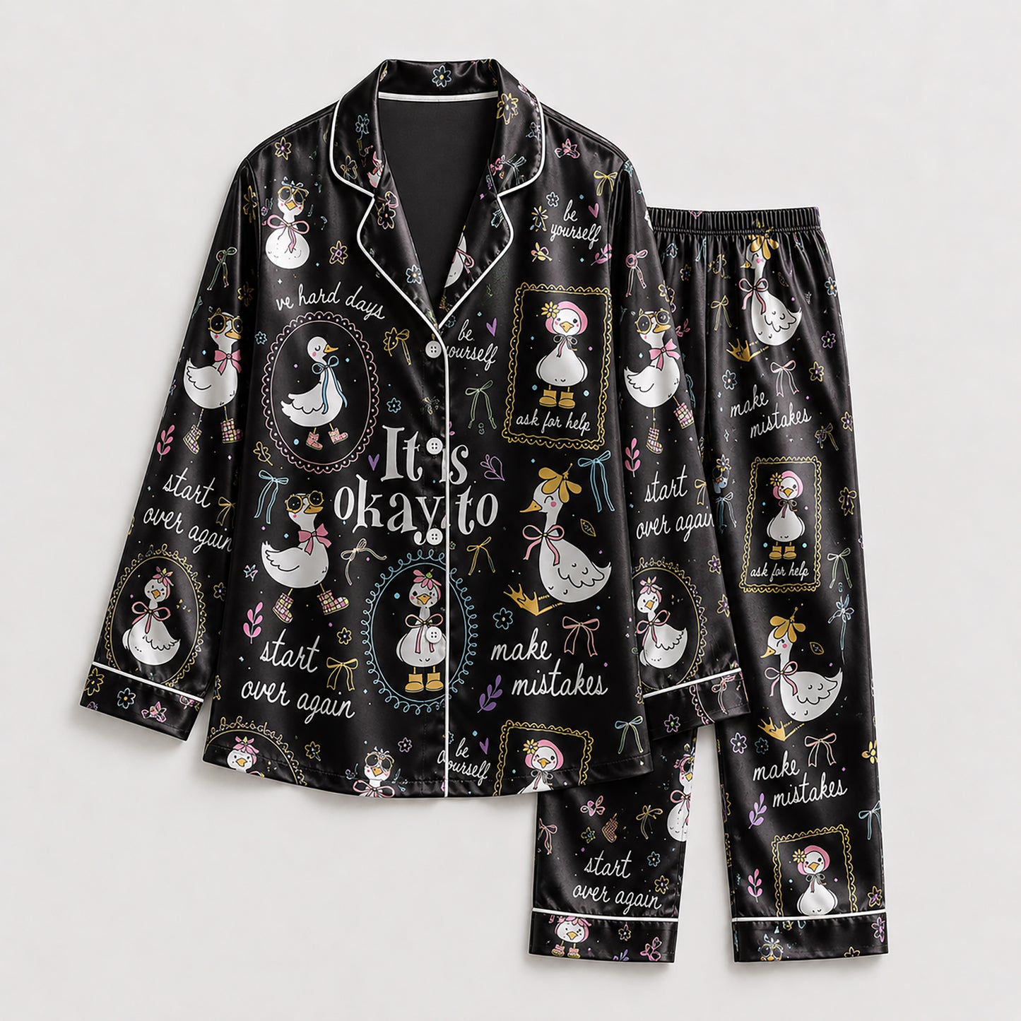 PJ-224-Motivational Goose Satin Pajama Set With Button Up Shirt And Elastic Waist Matching Bottoms FREE SHIPING