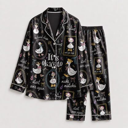 PJ-224-Motivational Goose Satin Pajama Set With Button Up Shirt And Elastic Waist Matching Bottoms FREE SHIPING