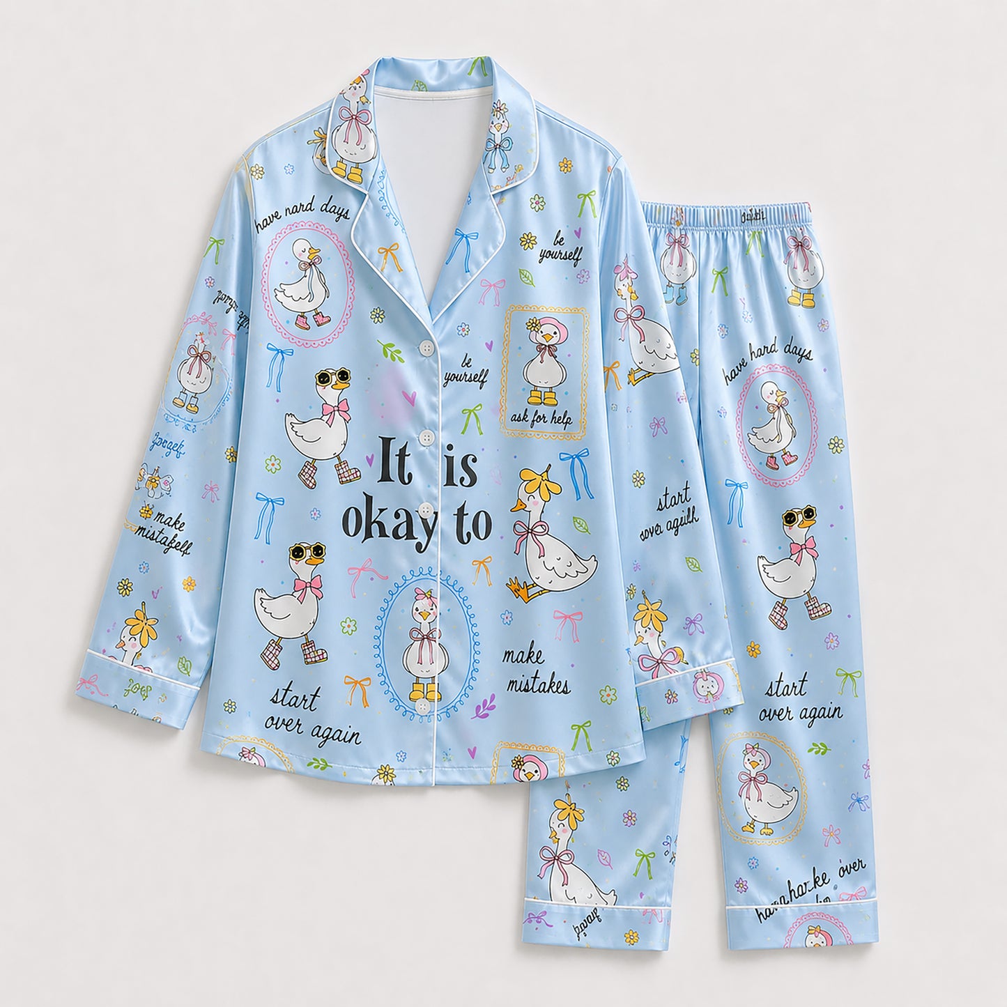 PJ-224-Motivational Goose Satin Pajama Set With Button Up Shirt And Elastic Waist Matching Bottoms FREE SHIPING