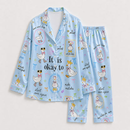 PJ-224-Motivational Goose Satin Pajama Set With Button Up Shirt And Elastic Waist Matching Bottoms FREE SHIPING