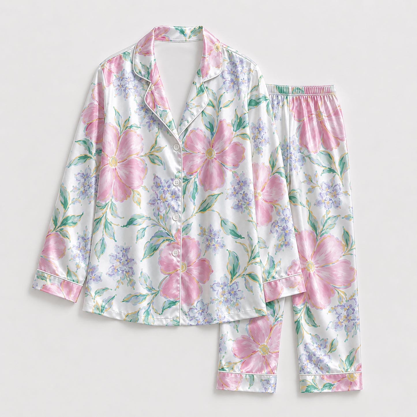 PJ-225-Rose Blossom Satin Pajama Set, Graphic Lilac Bouquet Patterned White Unisex Loungewear Nightwear Apparel FREE SHIPING