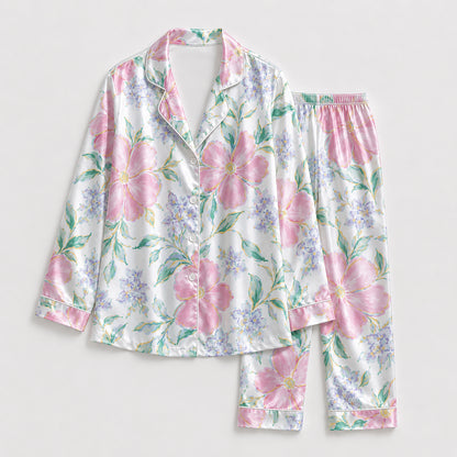 PJ-225-Rose Blossom Satin Pajama Set, Graphic Lilac Bouquet Patterned White Unisex Loungewear Nightwear Apparel FREE SHIPING