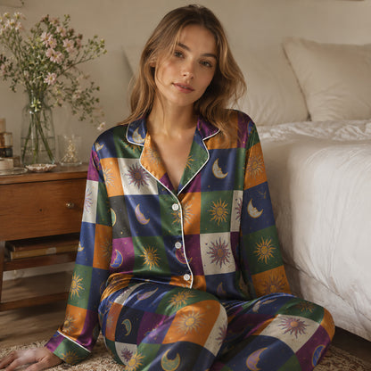 PJ-226-Unisex Satin Pajama Set with Celestial Sun Moon Patchwork Print Button Down Sleepwear Shirt and Pants FREE SHIPING