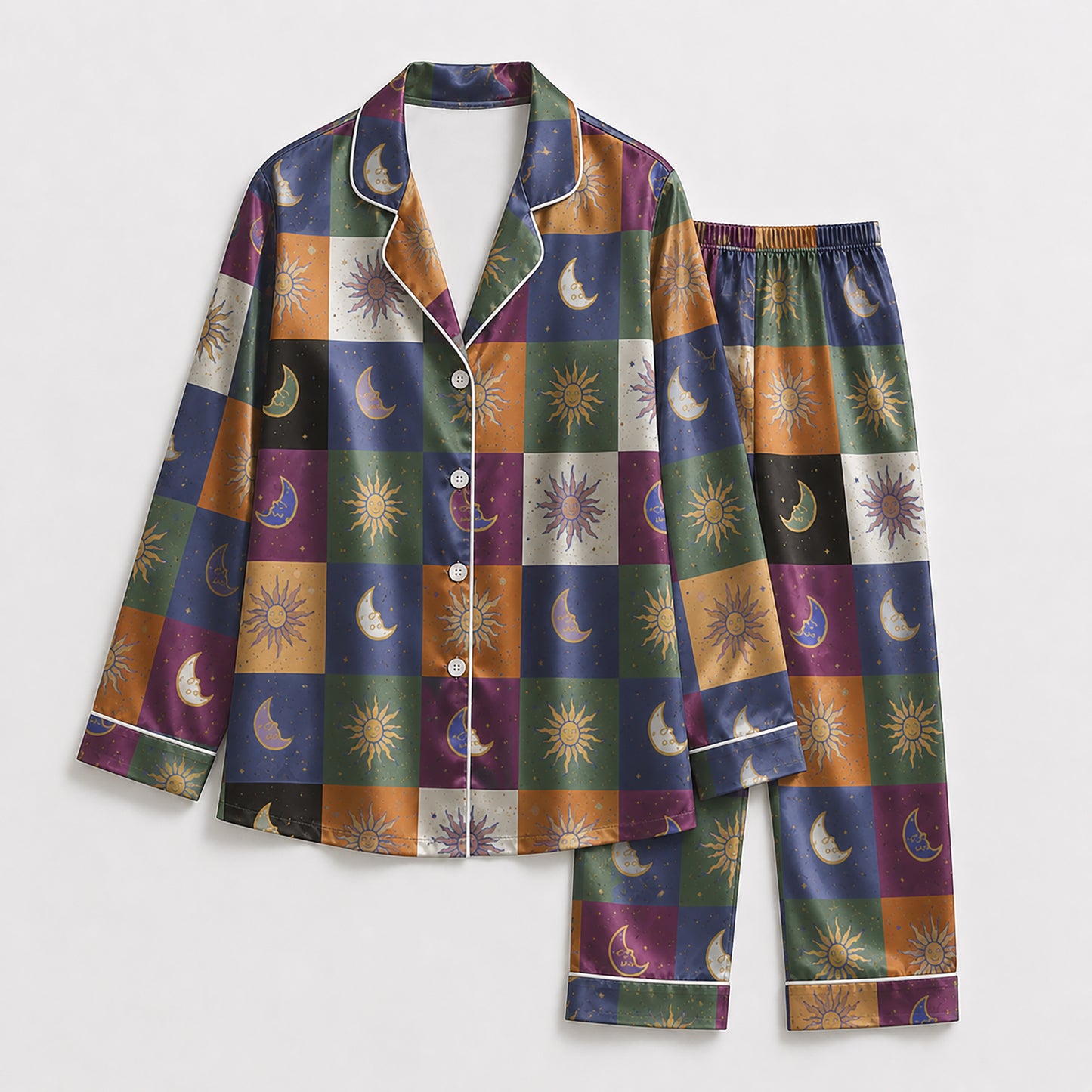 PJ-226-Unisex Satin Pajama Set with Celestial Sun Moon Patchwork Print Button Down Sleepwear Shirt and Pants FREE SHIPING