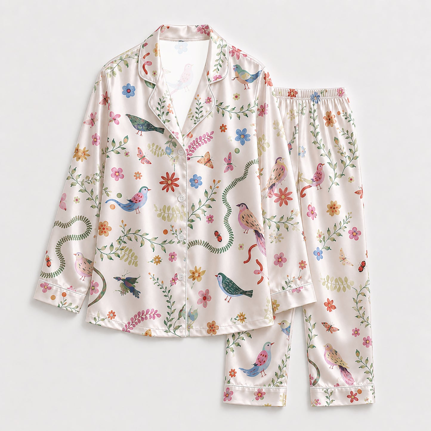 PJ-228-Floral Garden Satin Pajama Set With Colorful Bird Print And Comfortable Matching Bottoms FREE SHIPING