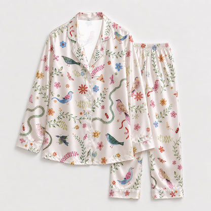 PJ-228-Floral Garden Satin Pajama Set With Colorful Bird Print And Comfortable Matching Bottoms FREE SHIPING