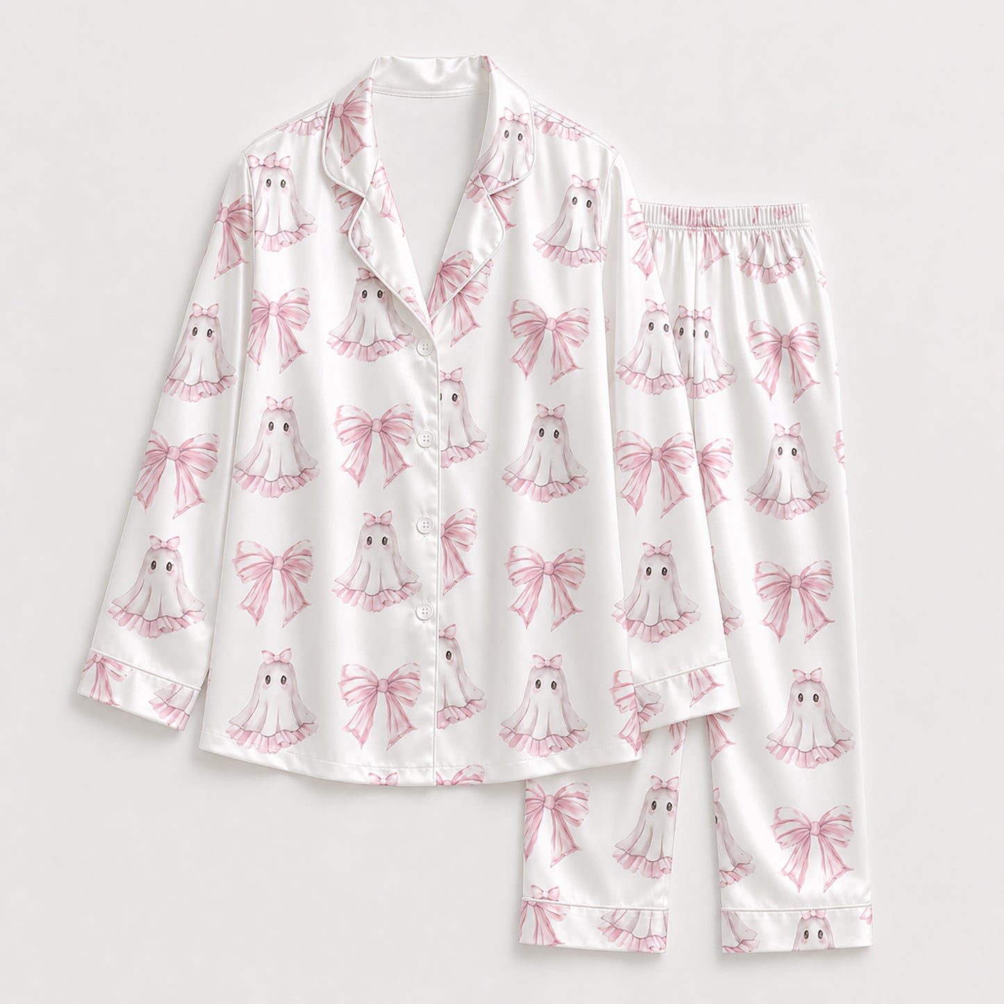 PJ-230-Pink Ghost Coquette Bow Satin Pajama Set, White Graphic Halloween Loungewear Sleepwear Collection Nightwear FREE SHIPING