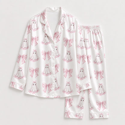 PJ-230-Pink Ghost Coquette Bow Satin Pajama Set, White Graphic Halloween Loungewear Sleepwear Collection Nightwear FREE SHIPING