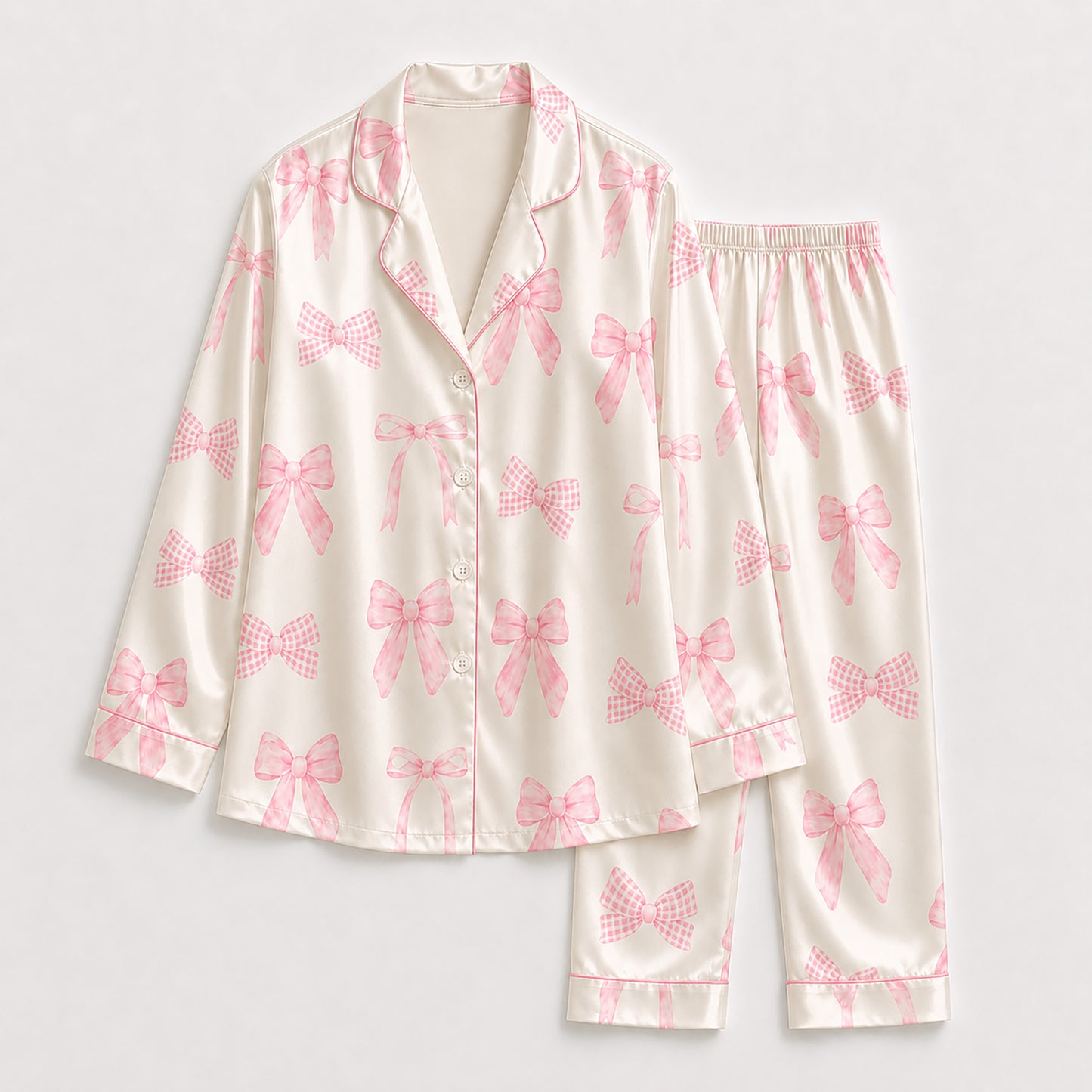 PJ-231- Satin Pajamas with Pink Bow Gingham Ribbon Print, Button Down Shirt, Elastic Waist Pants FREE SHIPING