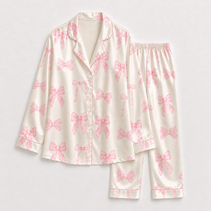 PJ-231- Satin Pajamas with Pink Bow Gingham Ribbon Print, Button Down Shirt, Elastic Waist Pants FREE SHIPING