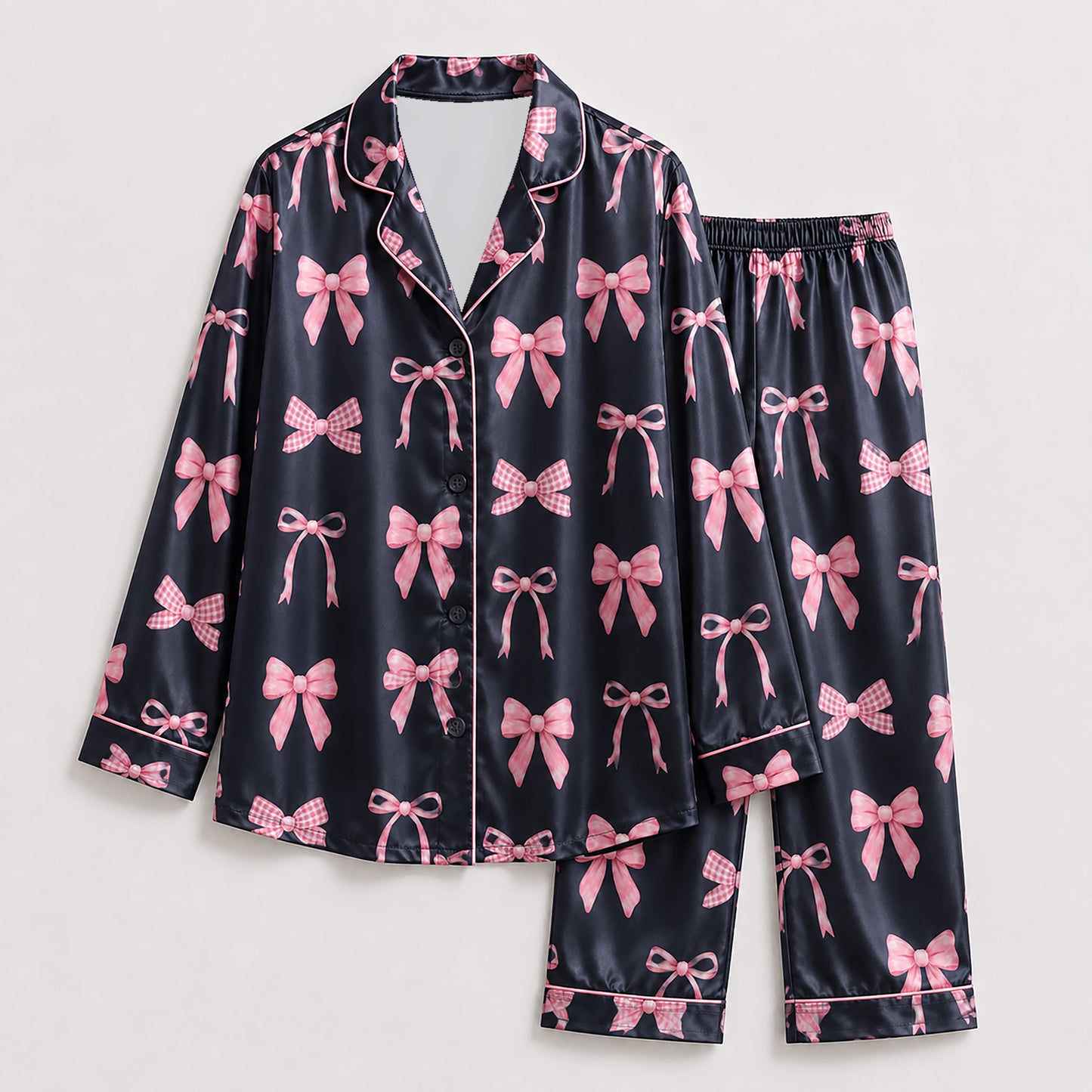 PJ-231- Satin Pajamas with Pink Bow Gingham Ribbon Print, Button Down Shirt, Elastic Waist Pants FREE SHIPING