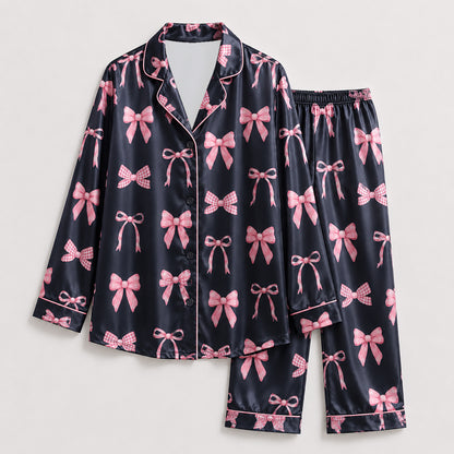 PJ-231- Satin Pajamas with Pink Bow Gingham Ribbon Print, Button Down Shirt, Elastic Waist Pants FREE SHIPING