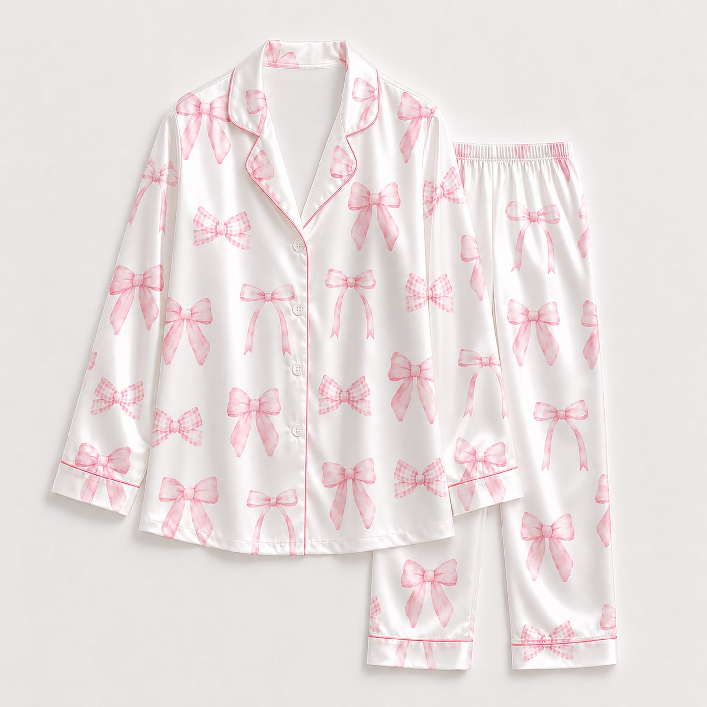 PJ-231- Satin Pajamas with Pink Bow Gingham Ribbon Print, Button Down Shirt, Elastic Waist Pants FREE SHIPING