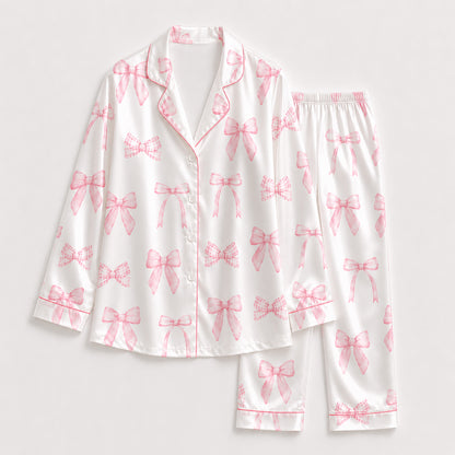 PJ-231- Satin Pajamas with Pink Bow Gingham Ribbon Print, Button Down Shirt, Elastic Waist Pants FREE SHIPING
