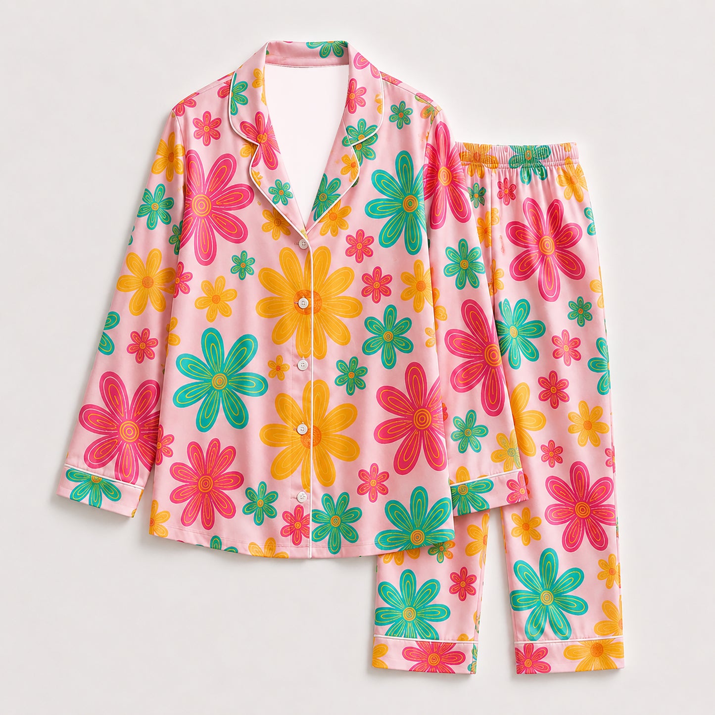 PJ-235- Women Pink Retro Floral Print Silk Satin Pajamas Groovy Flower Loungewear Sleepwear Nightwear Daisy Matching Clothing Set FREE SHIPING