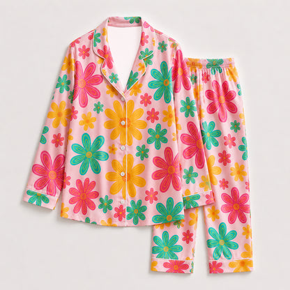 PJ-235- Women Pink Retro Floral Print Silk Satin Pajamas Groovy Flower Loungewear Sleepwear Nightwear Daisy Matching Clothing Set FREE SHIPING