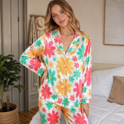 PJ-235- Women Pink Retro Floral Print Silk Satin Pajamas Groovy Flower Loungewear Sleepwear Nightwear Daisy Matching Clothing Set FREE SHIPING