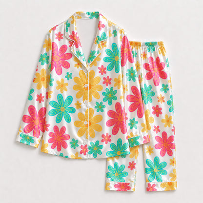 PJ-235- Women Pink Retro Floral Print Silk Satin Pajamas Groovy Flower Loungewear Sleepwear Nightwear Daisy Matching Clothing Set FREE SHIPING