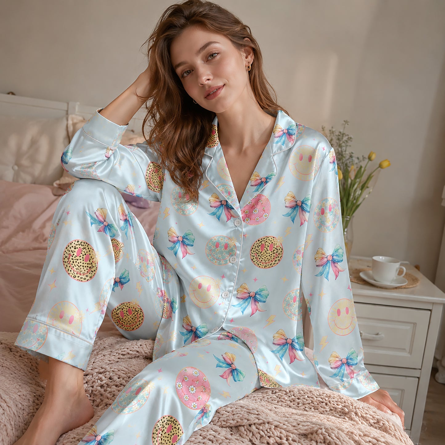 PJ-236- Satin Pajama Set with Pastel Smiley Bow Print Button Down Sleepwear Shirt and Pants FREE SHIPING
