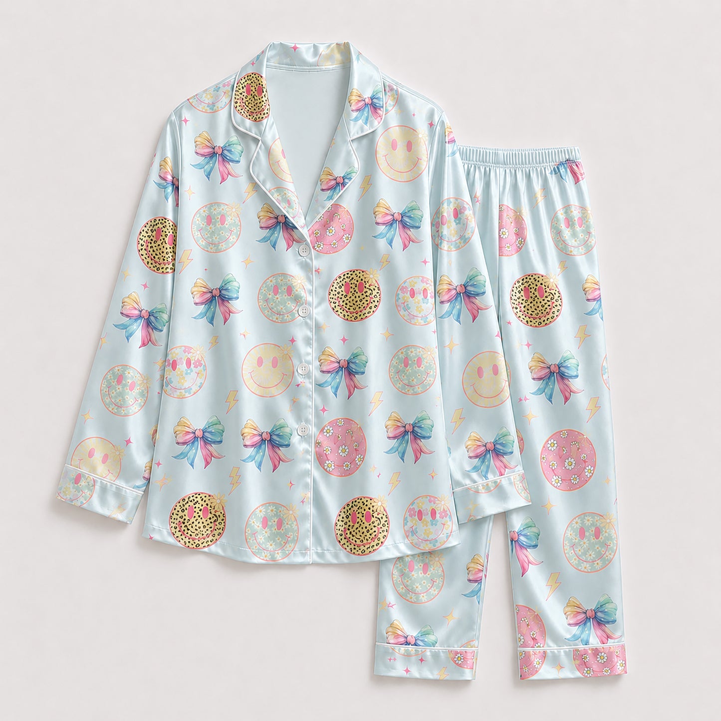 PJ-236- Satin Pajama Set with Pastel Smiley Bow Print Button Down Sleepwear Shirt and Pants FREE SHIPING