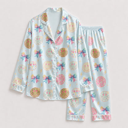PJ-236- Satin Pajama Set with Pastel Smiley Bow Print Button Down Sleepwear Shirt and Pants FREE SHIPING