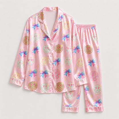 PJ-236- Satin Pajama Set with Pastel Smiley Bow Print Button Down Sleepwear Shirt and Pants FREE SHIPING