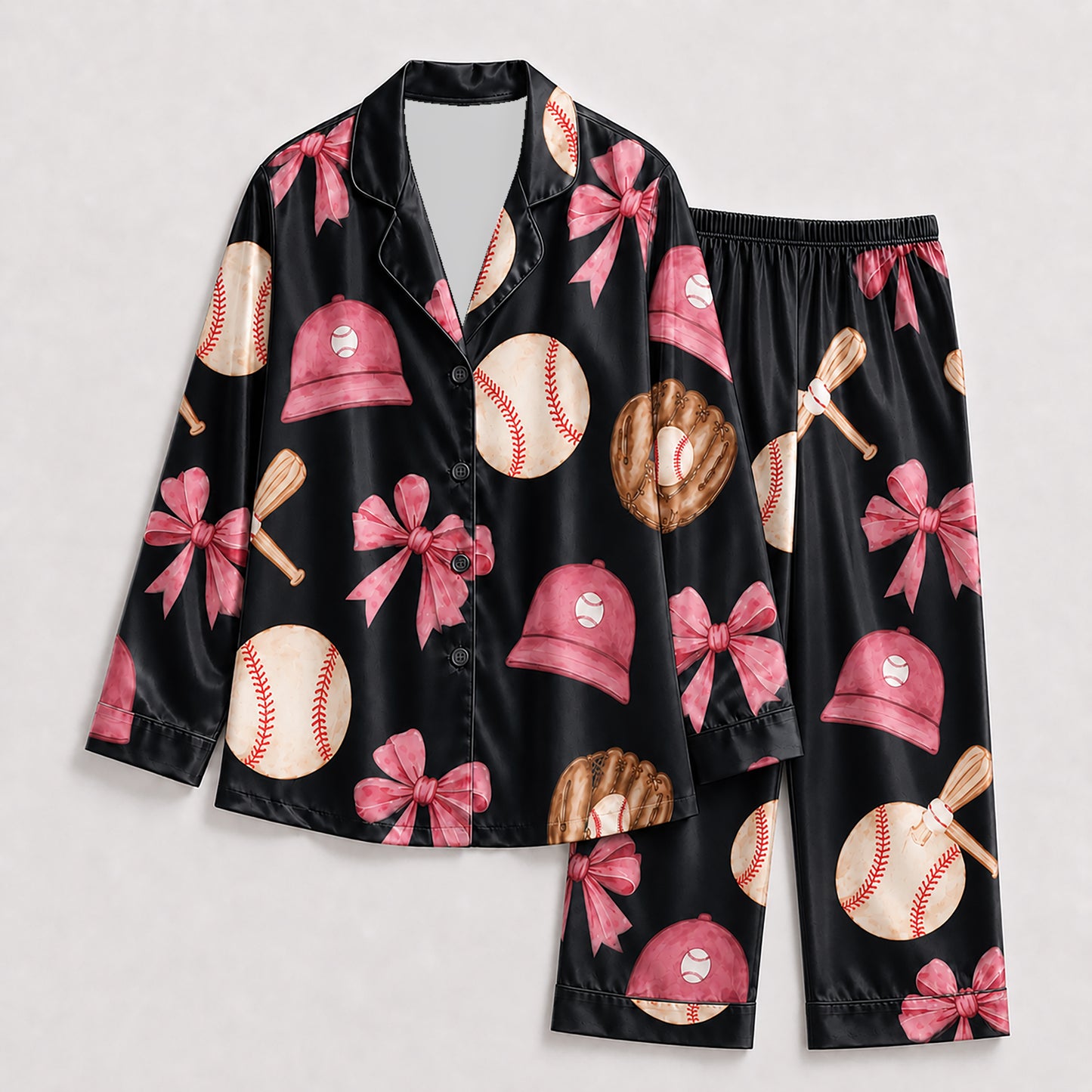 PJ-237- Sporty Baseball Satin Pajama Set With Button Up Top And Comfortable Matching Bottoms FREE SHIPING
