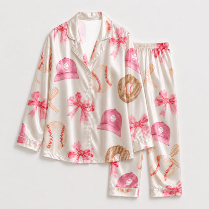 PJ-237- Sporty Baseball Satin Pajama Set With Button Up Top And Comfortable Matching Bottoms FREE SHIPING