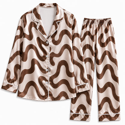 PJ-238-Groovy Wavy Line Print Satin Pajama Lounge Set FREE SHIPING