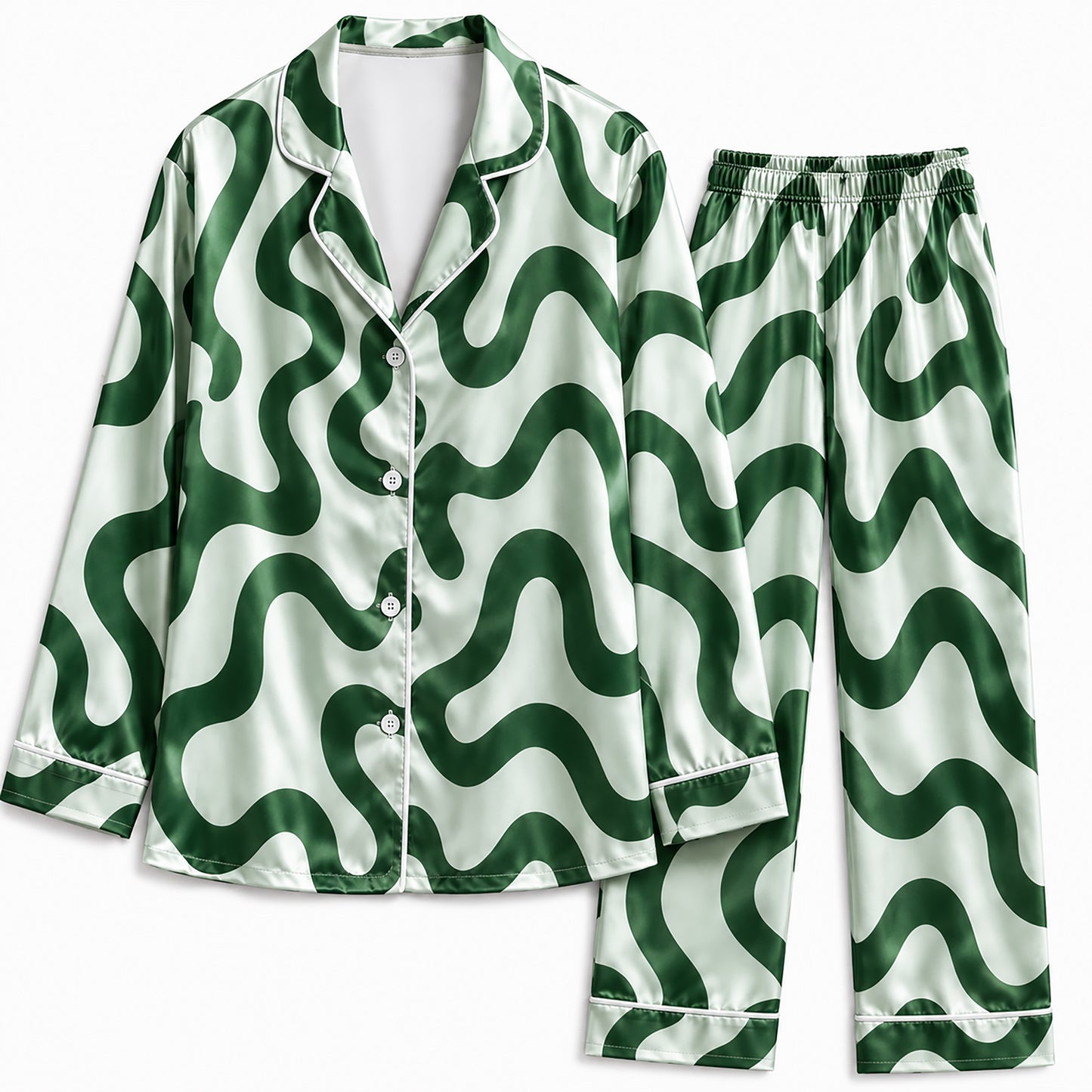 PJ-238-Groovy Wavy Line Print Satin Pajama Lounge Set FREE SHIPING