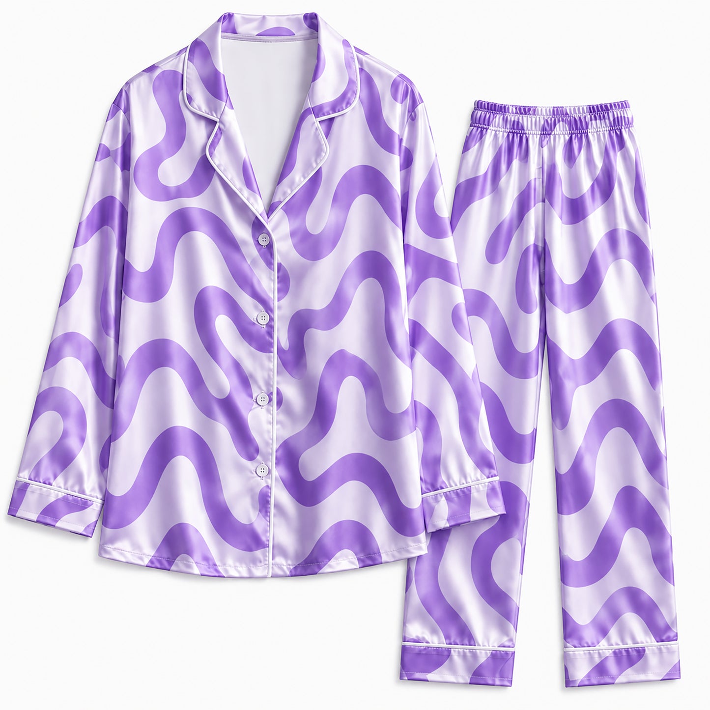 PJ-238-Groovy Wavy Line Print Satin Pajama Lounge Set FREE SHIPING